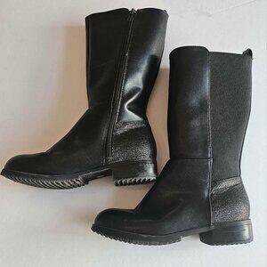 Girls Black Faux Leather Mid-Calf Riding Boots Low Heel Size 3